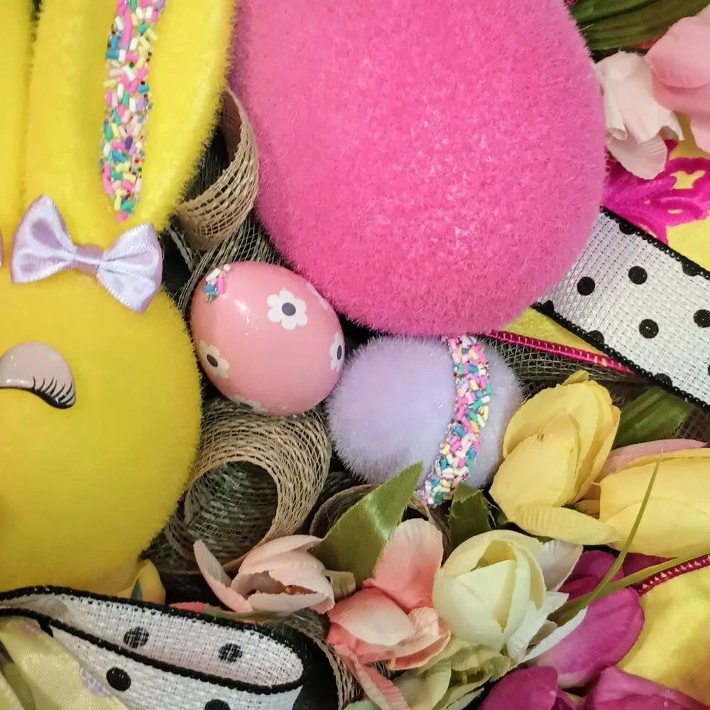 Easter Wreath for Front Door, Flocked Bunny Wreath, Easter decoration, Spring